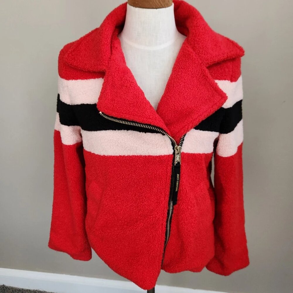 Juicy Couture Black Label Sherpa Satin Lined Fleece Jacket Full Zip Red